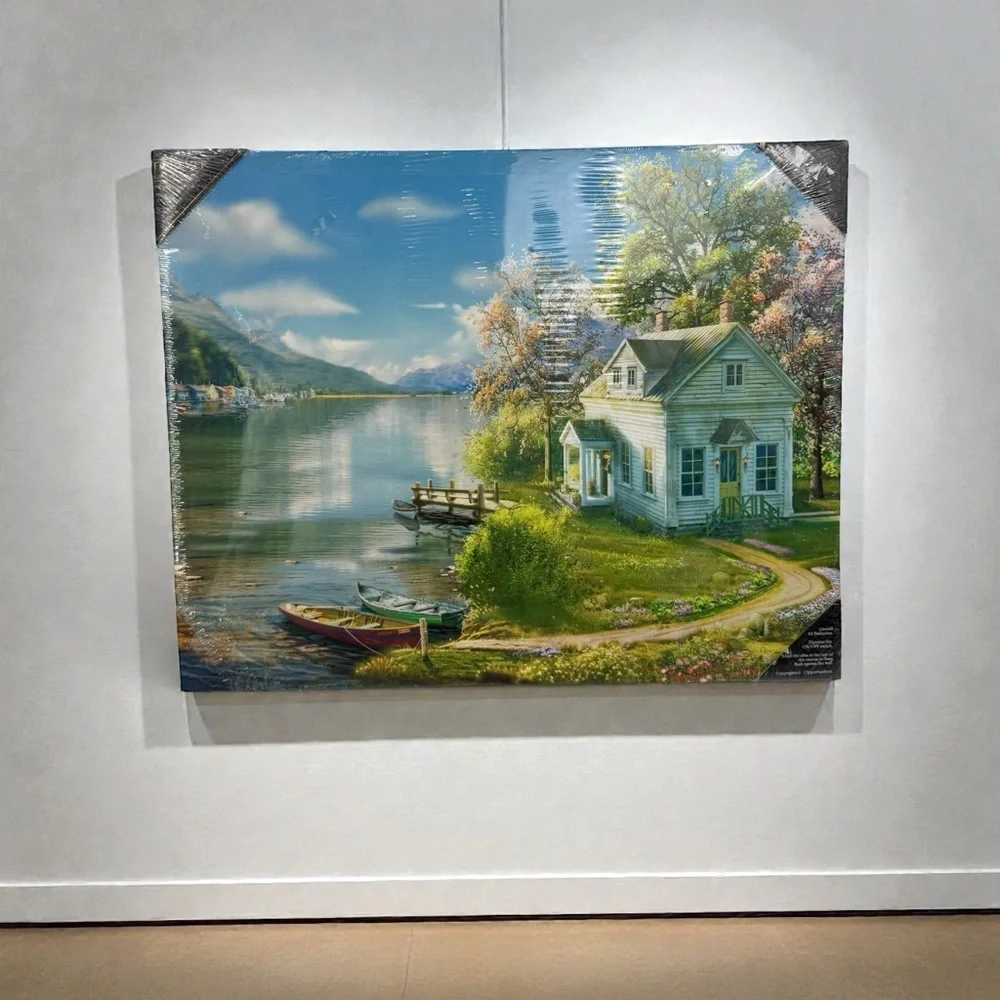 Cottage by Lake with Boat Light-Up Canvas Scenic Wall Art Battery Timer Decor